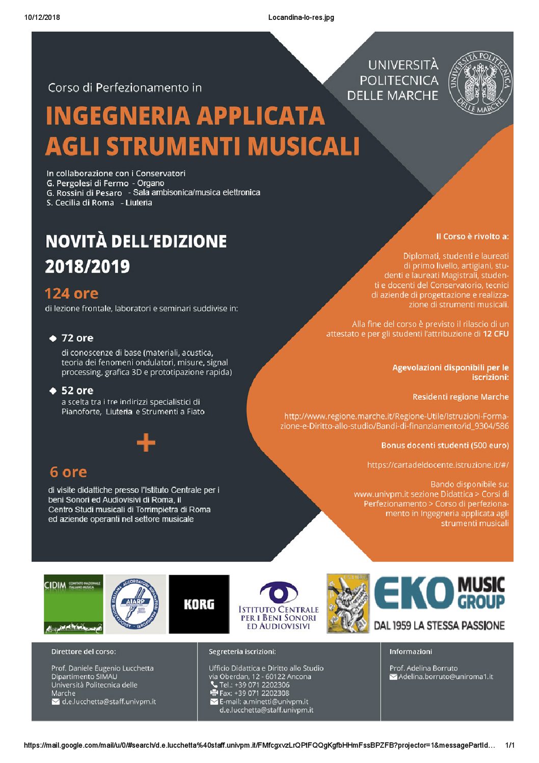 Programma originale del corso di perfezionamento in ingegneria applicata agli strumenti musicali